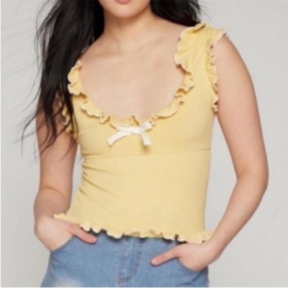 Kimchi Blue Medium Top Darya Bow Ruffle Tank Top ribbed in yellow - Picture 7 of 9